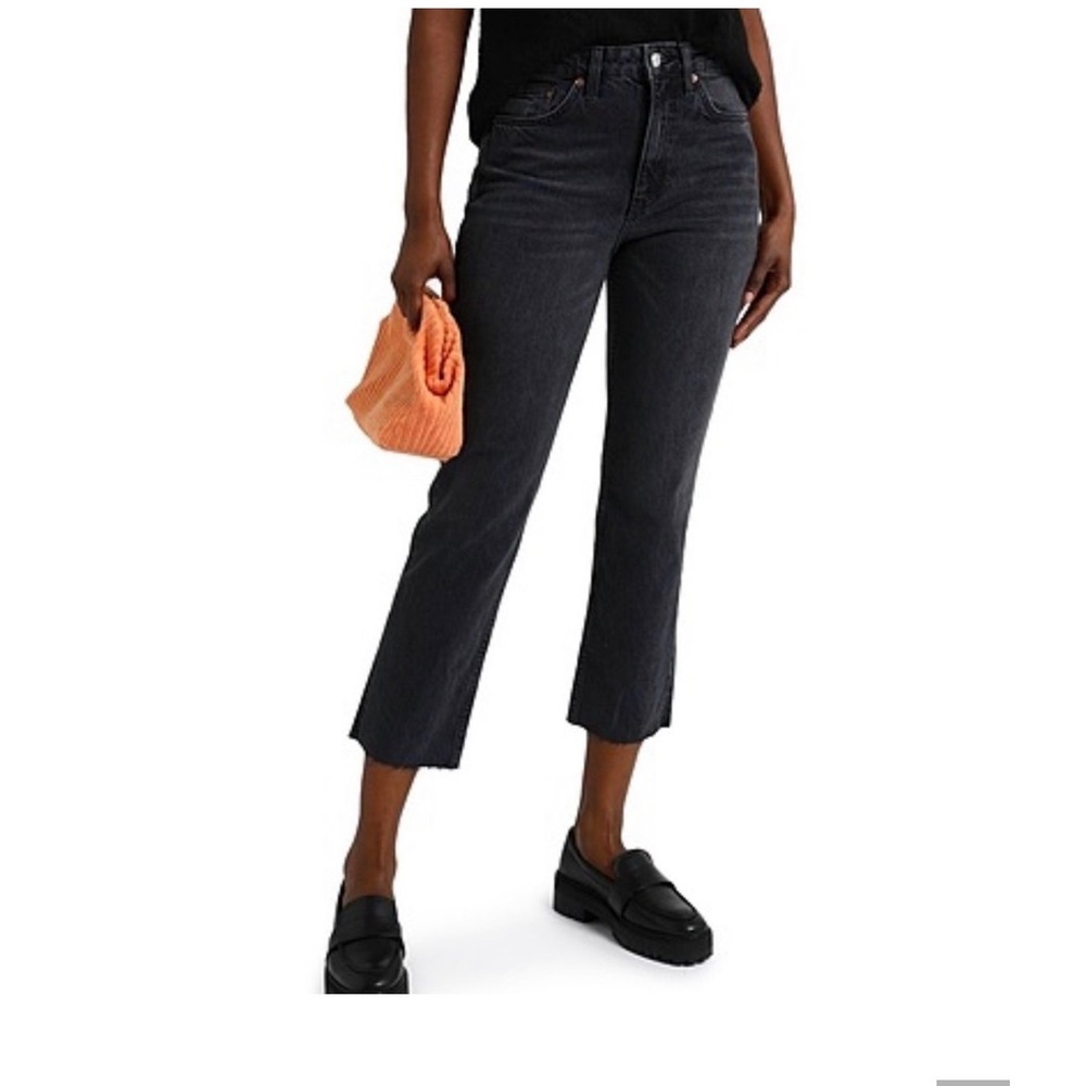 Topshop‎ Moto Dree High Rise Cropped Flare Jeans Washed Black W30 L30 Raw Hem